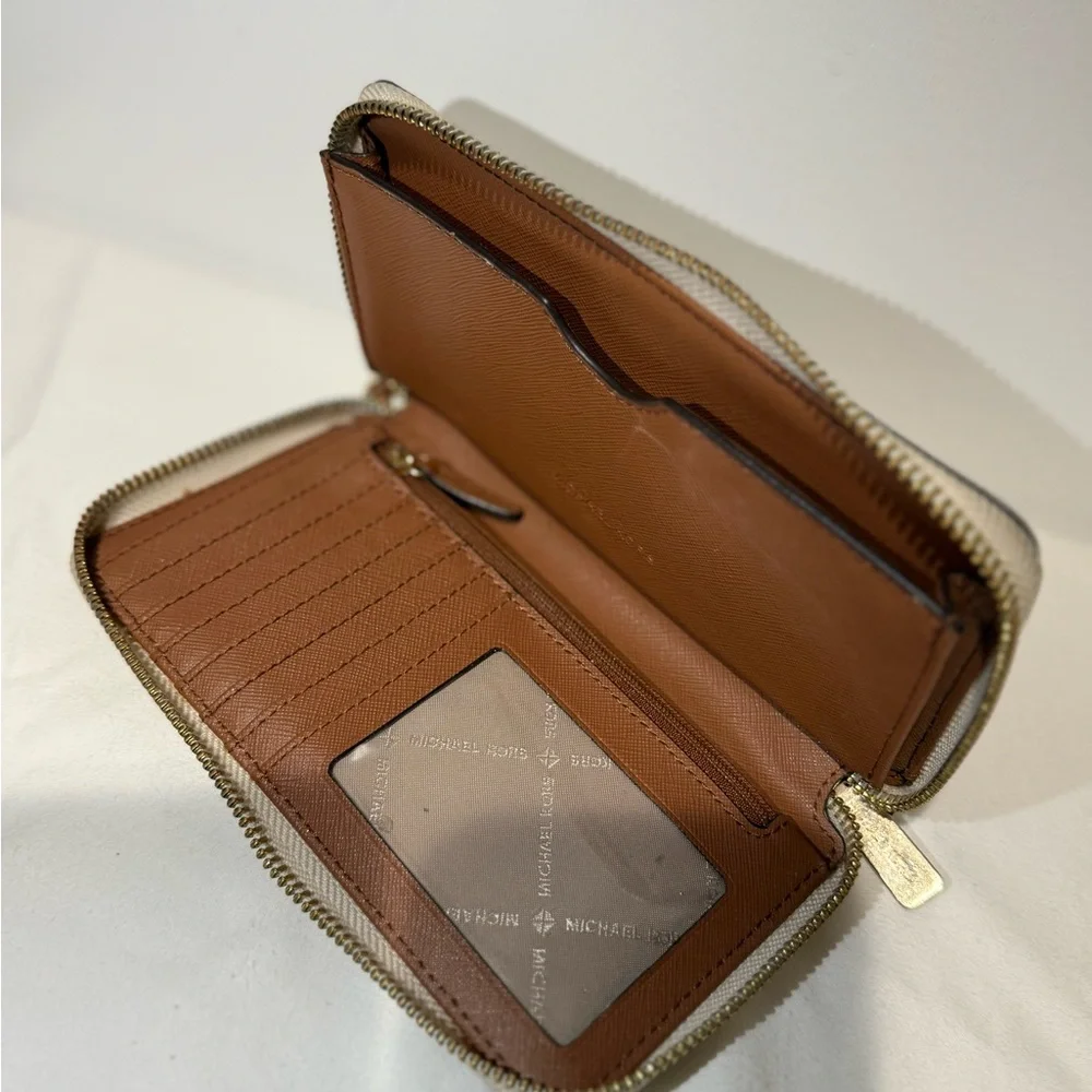 Michael Kors Beige Logo Zip-Around Wallet with Gold Hardware